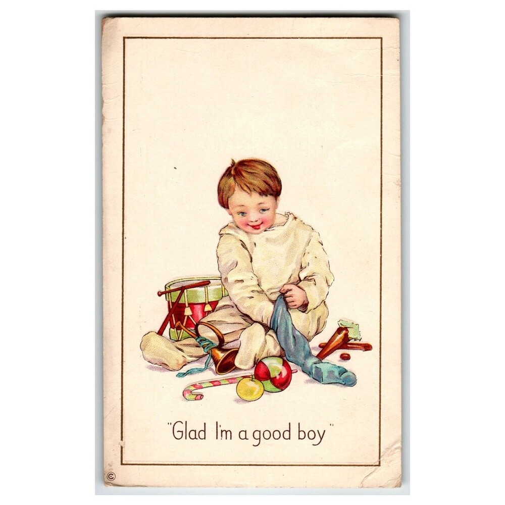 Vintage Christmas Postcard Boy with Toys "Glad I'm a Good Boy" Divided Back